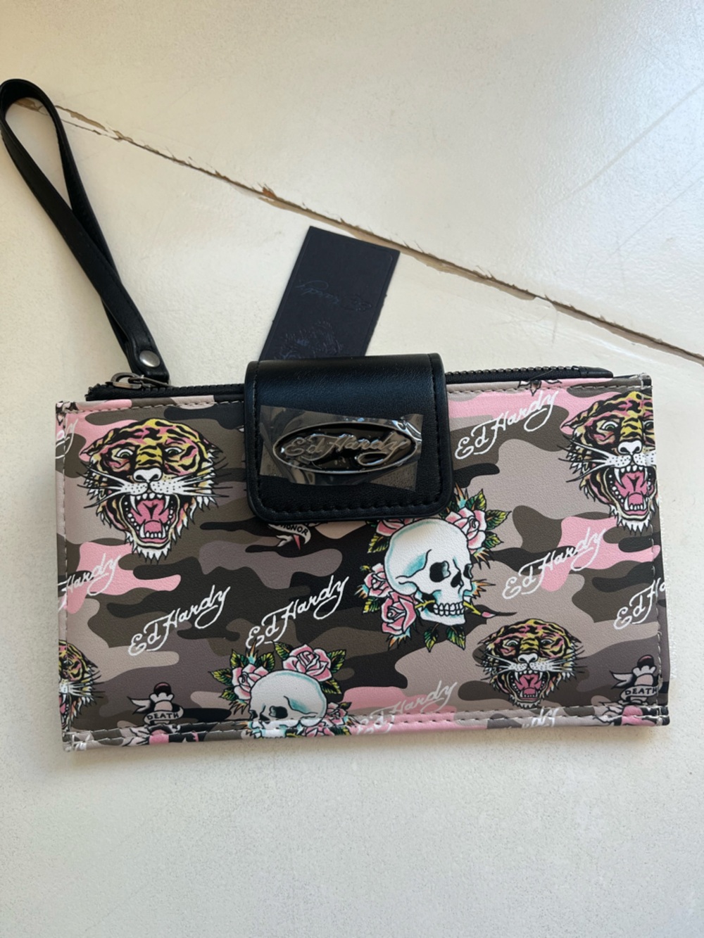 Ed Hardy Pink and Black Camo Skull & Wristlet Wallet